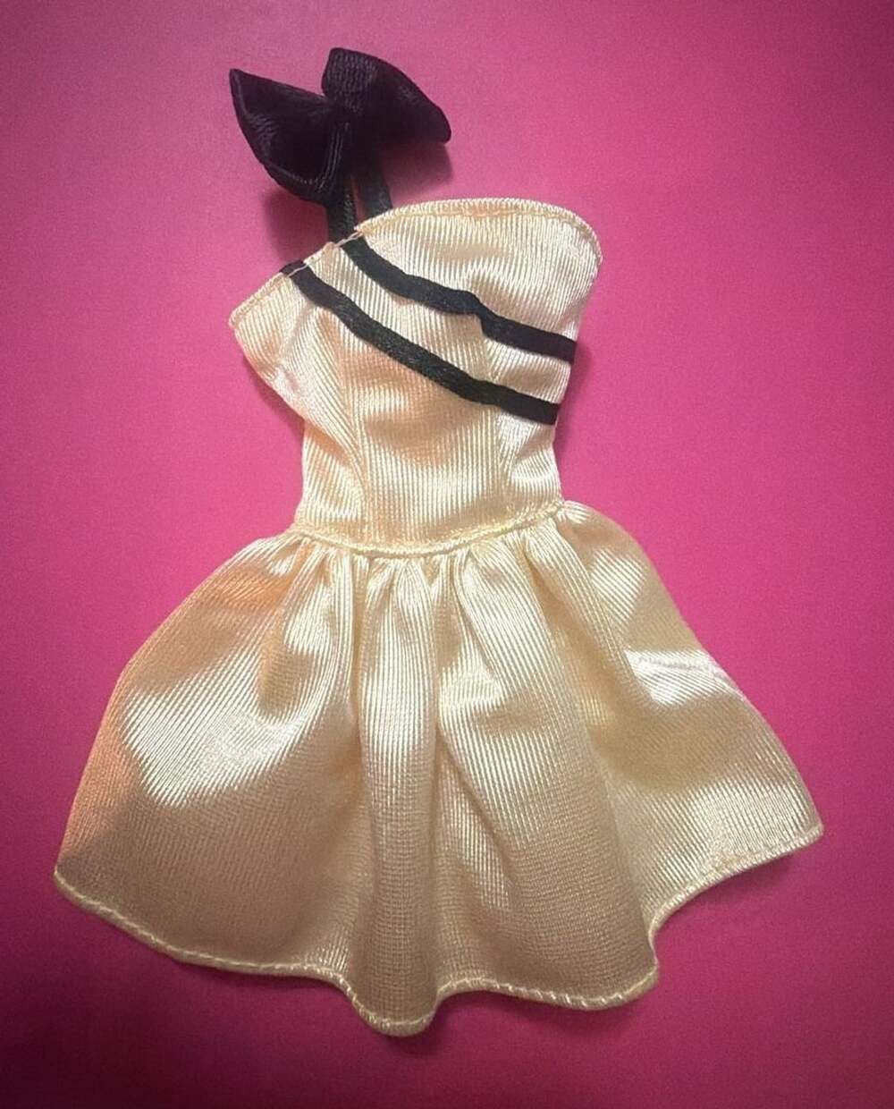 Vintage Barbie Doll Yellow Satin Dress With Black Bow